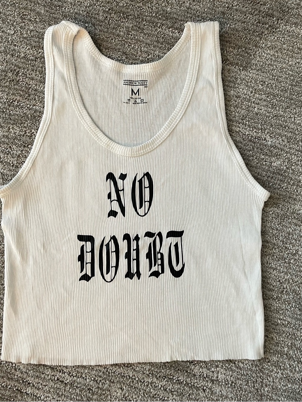 Andrew Scott White Ribbed Tank Top with "NO DOUBT" Graphic